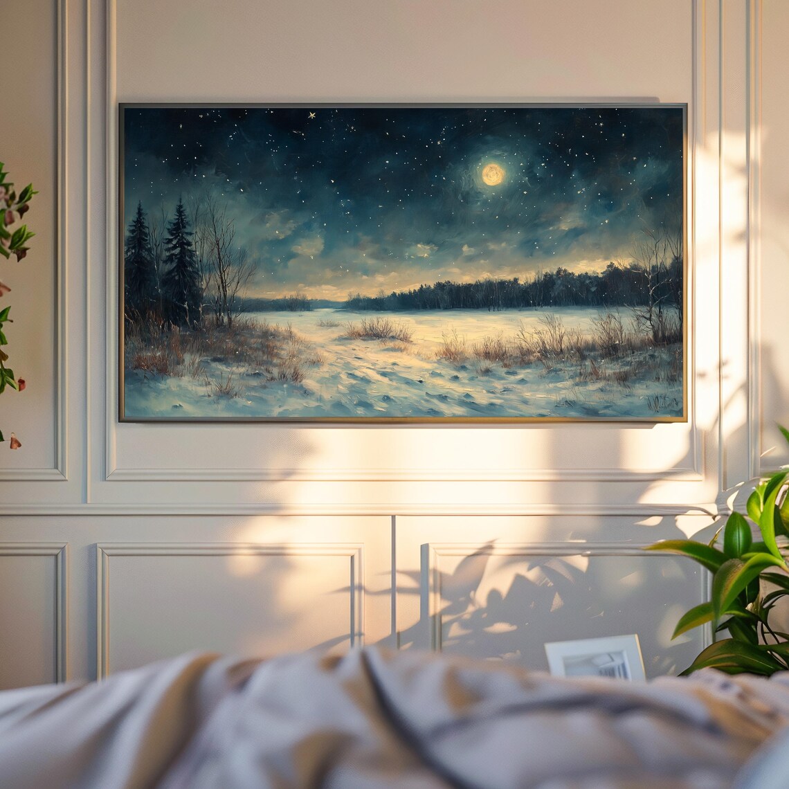 Moonlit Winter Meadow Full Moon Stars Snowy Field Night Landscape Poster - Image 4
