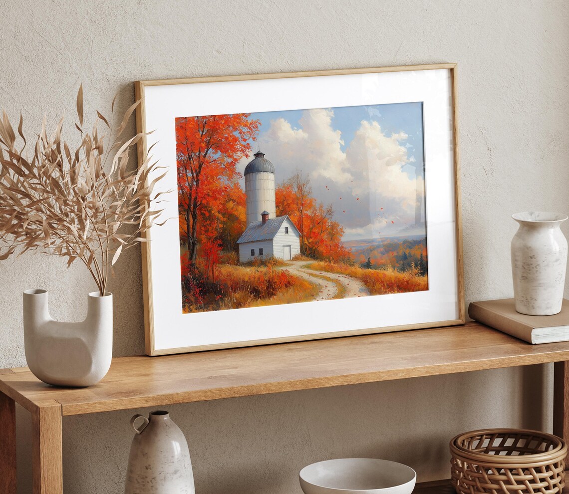 White Farmhouse with Silo Along Winding Road in Autumn Poster - Image 4