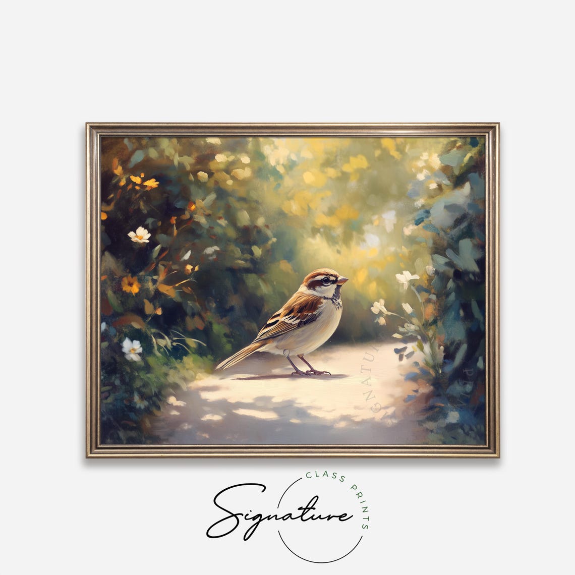 Sparrow Standing On Sunlit Path Beneath Golden Blossoms Wall Art - Image 4