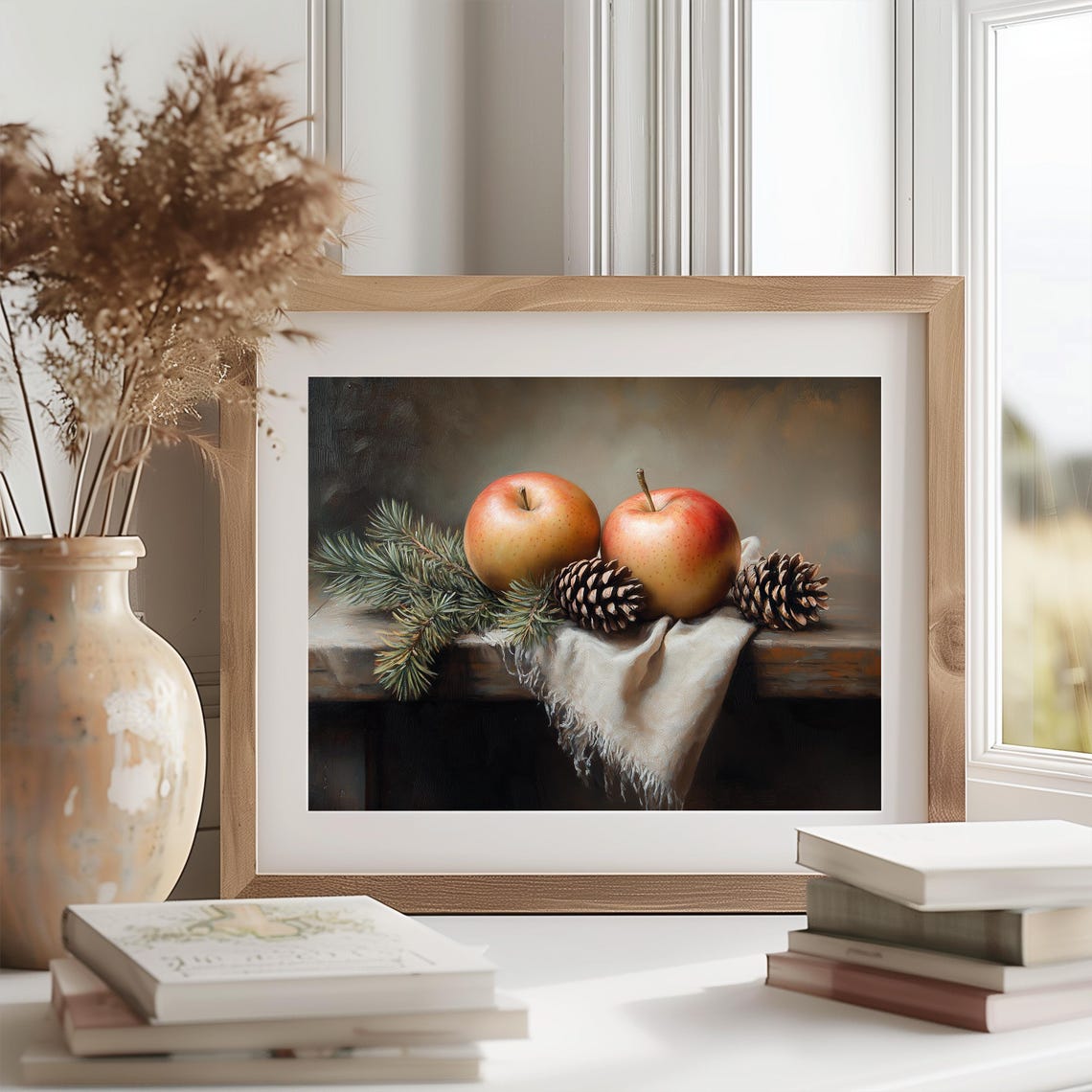 Autumn Apples Pinecones Still Life Oil Painting Rustic Kitchen Poster - Image 2