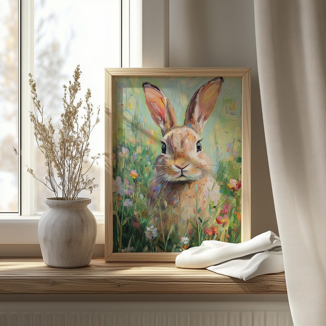 Spring Bunny In Wildflower Field Easter Rabbit Animal Painting Print - Image 4