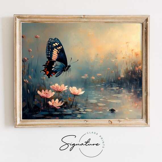 Midnight Blue Butterfly Over Lotus Pond Twilight Dreamy Wall Art