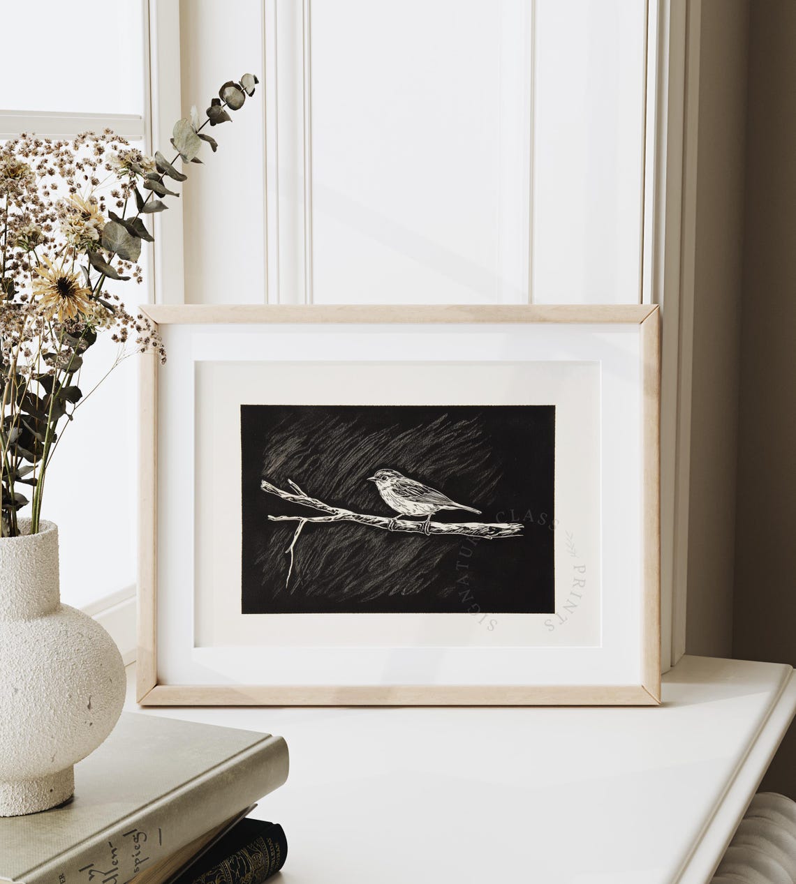 Songbird On Branch White On Black Textured Night Sky Art Poster - Image 6
