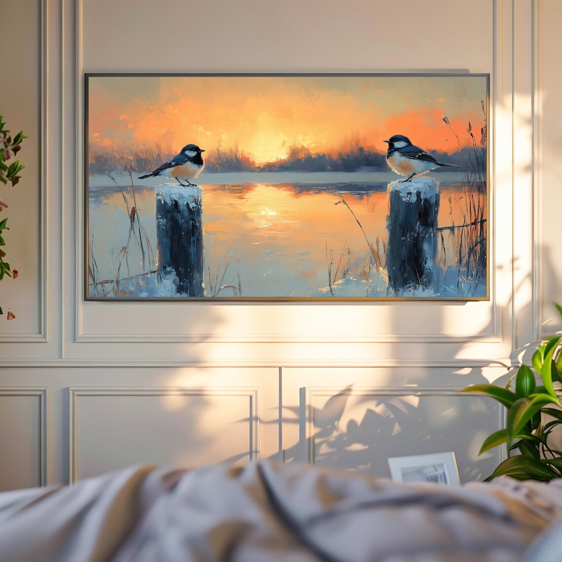 Winter Songbird Pair On Snowy Posts At Orange Lakeside Sunset Art Poster - Image 4