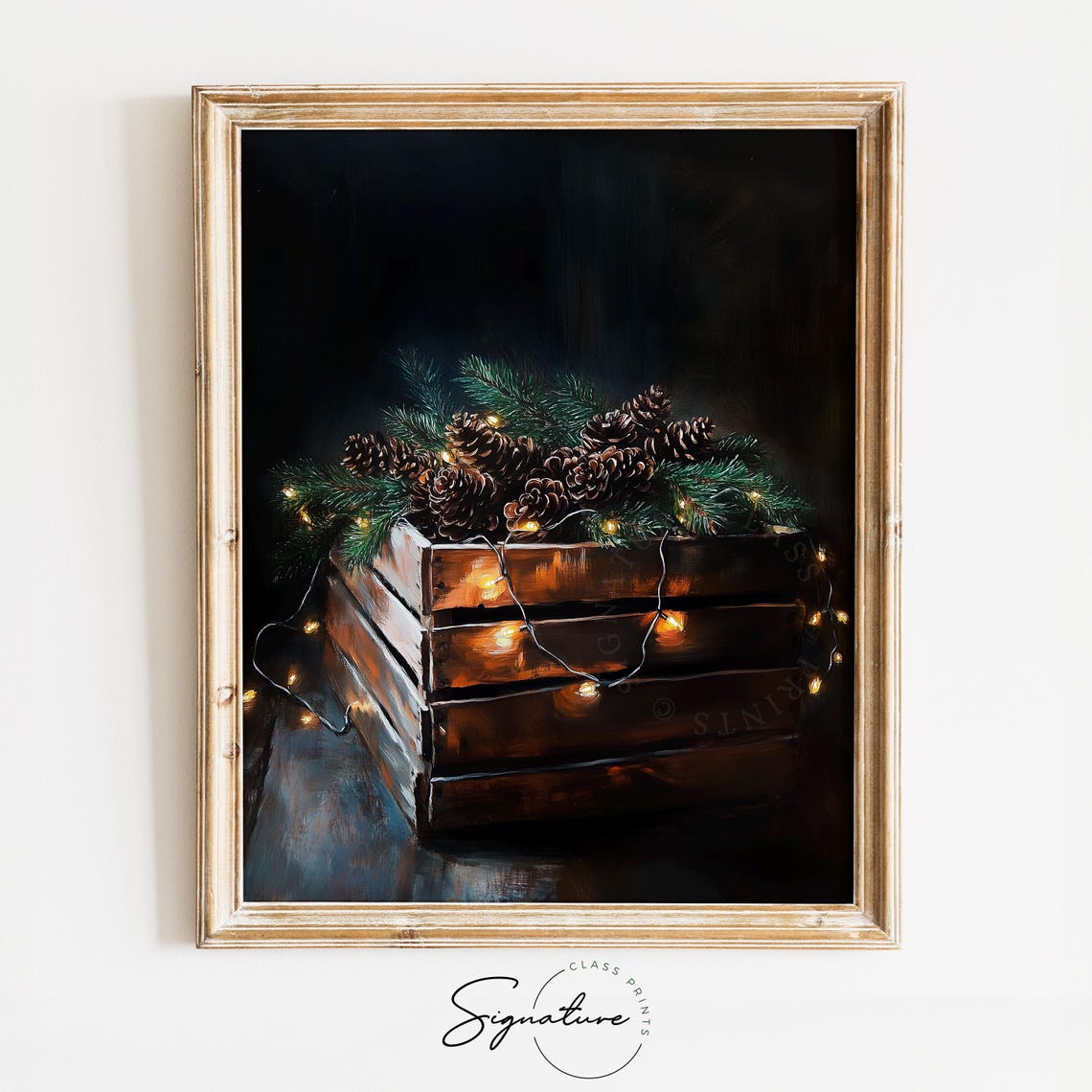 Pinecone Crate Twinkle Lights Painting Cozy Winter Rustic Decor Poster