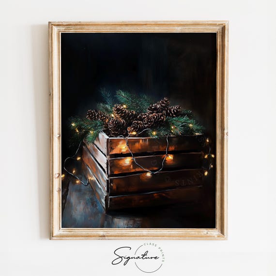 Rustic Pinecone Crate With Twinkle Lights Cozy Winter Cottage Decor Earthy Christmas Wall Art Moody Festive Art Print 1715