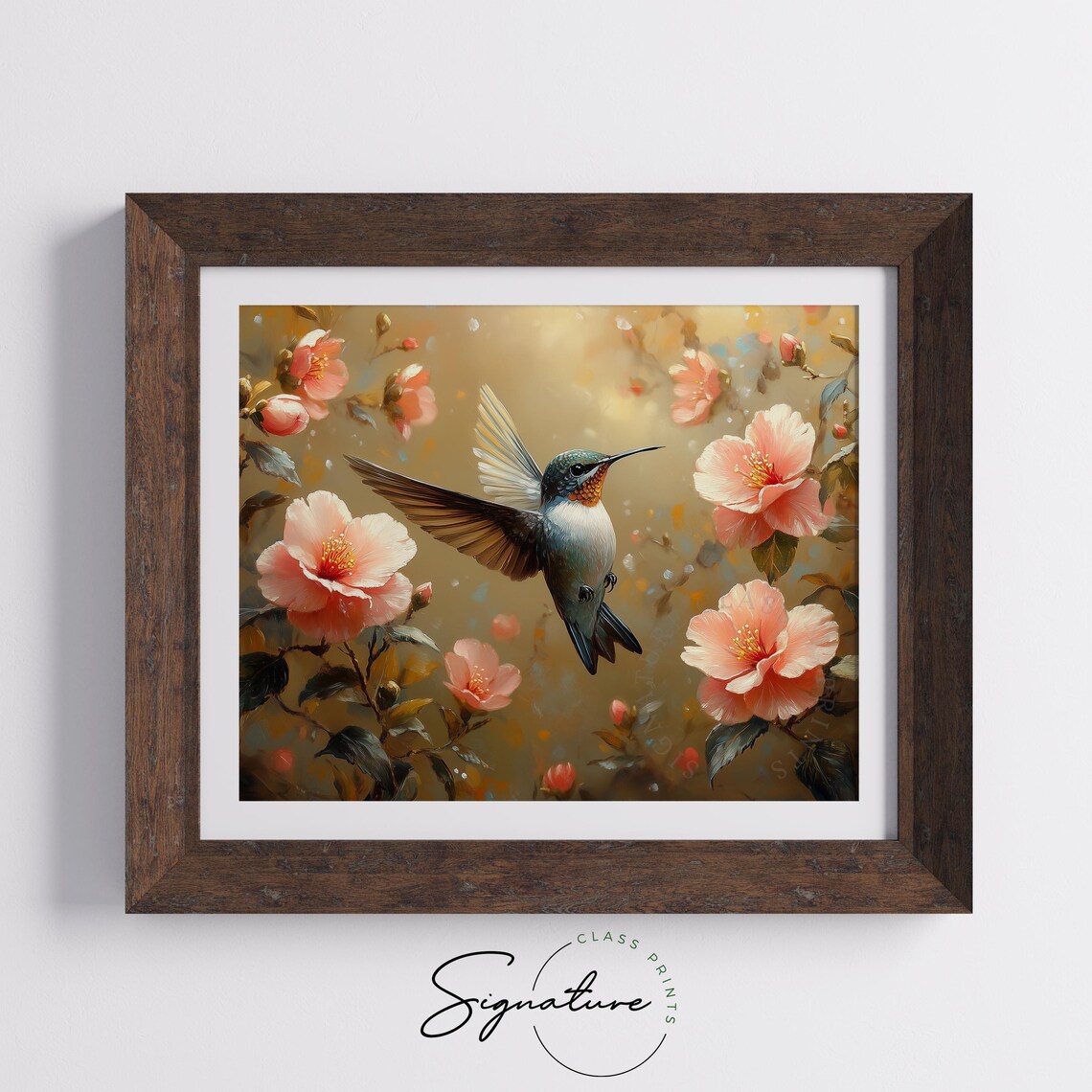Hummingbird Amid Rosy Pink Camellia Flowers Golden Ethereal Wall Art - Image 5