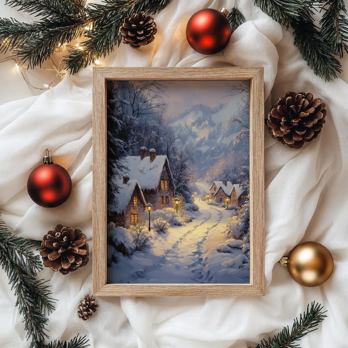 Snowy Mountain Village At Dusk With Glowing Windows Winter Wall Art - Image 4