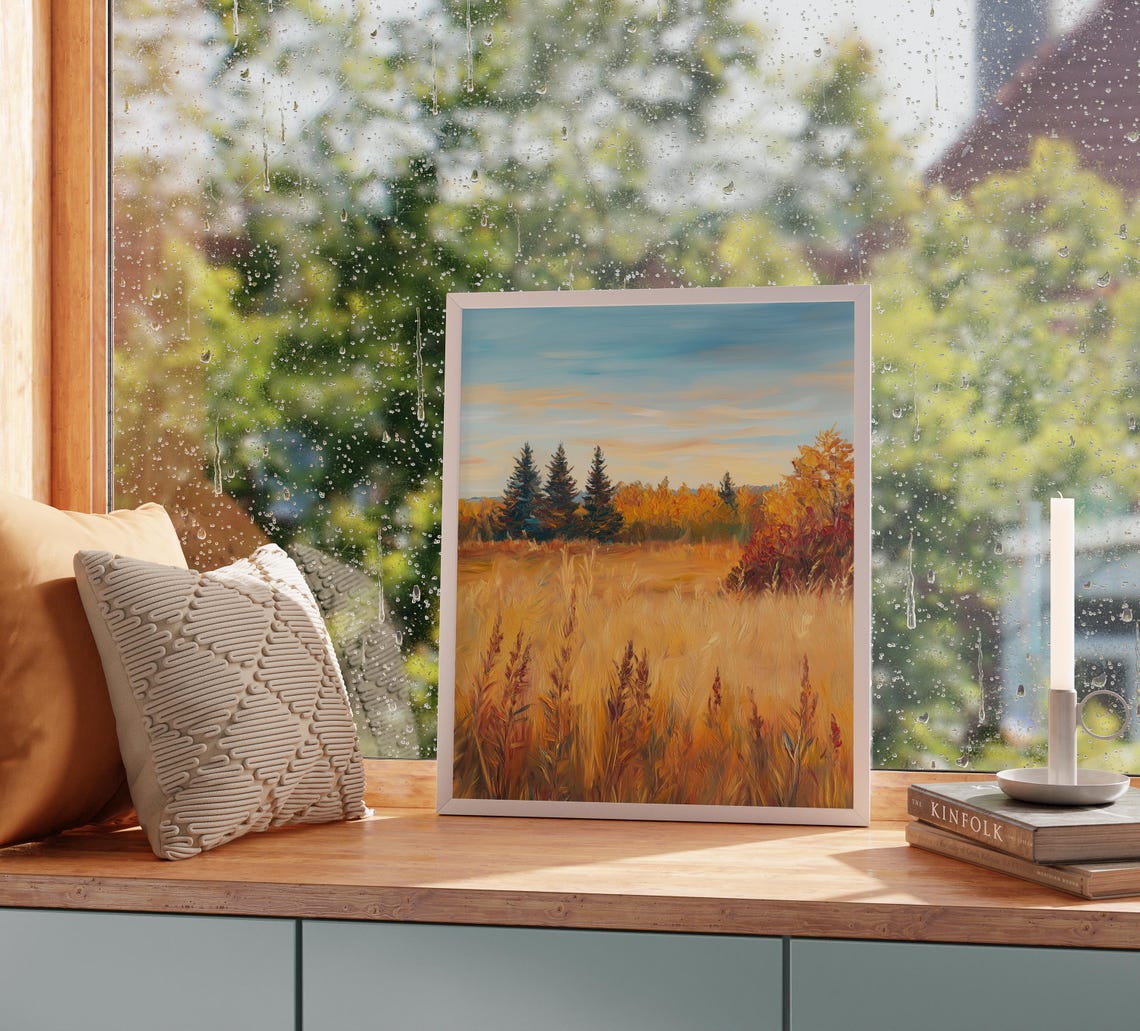 Golden Autumn Meadow with Evergreens and Rustling Tall Grasses Poster - Image 2