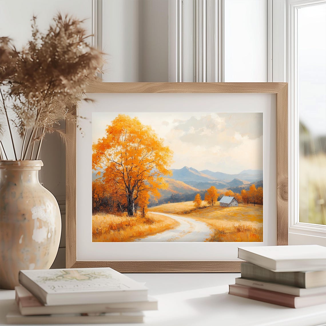 Golden Tree Country Road White Barn Oil Painting Autumn Poster - Image 2