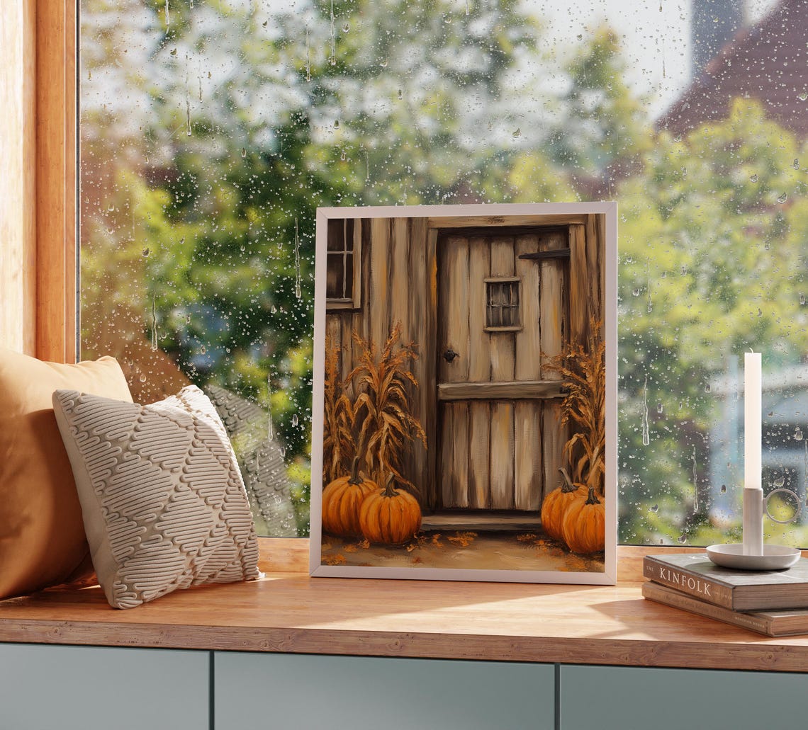 Rustic Barn Door Pumpkins Corn Stalks Fall Farmhouse Scene Poster - Image 2