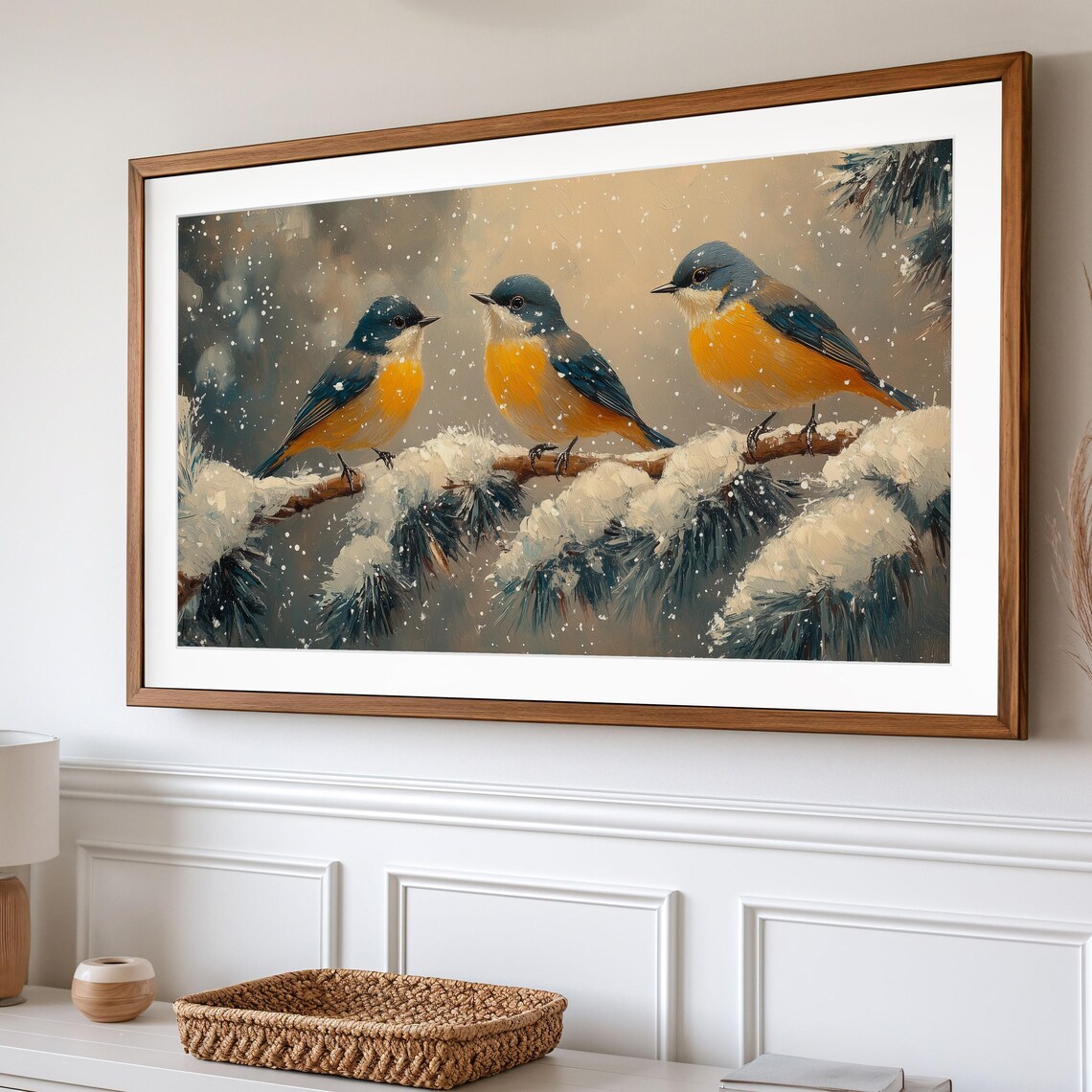 Winter Goldcrests Trio Snowy Pine Branch Snowfall Yellow Breasts Birds Poster - Image 2