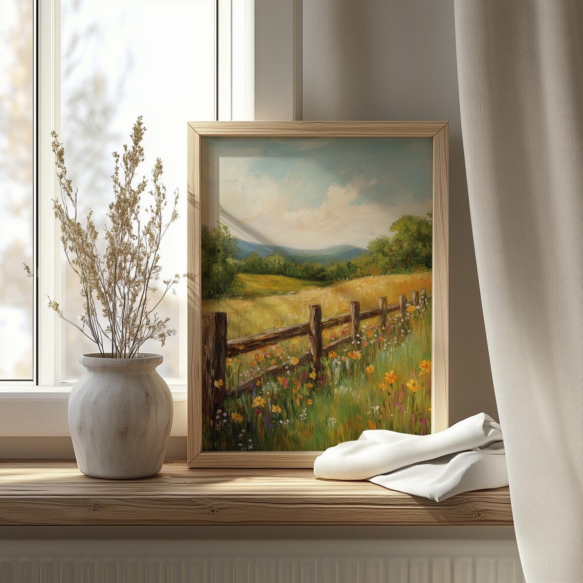 Rustic Wooden Fence Wildflower Meadow Country Landscape Painting Poster - Image 4