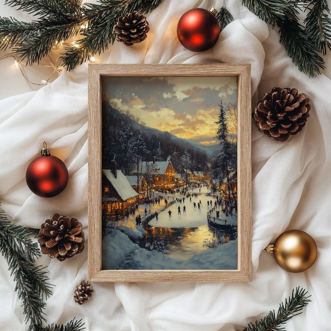 Snowy Village Pond with Skaters at Sunset near Cottages Poster - Image 4