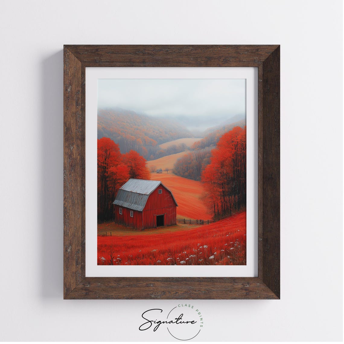 Red Barn In A Crimson Autumn Valley Under Misty Distant Hills Poster - Image 4