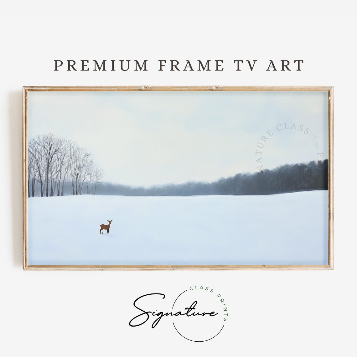 Lone Deer in Open Snowy Field Bare Trees Winter Scene Poster