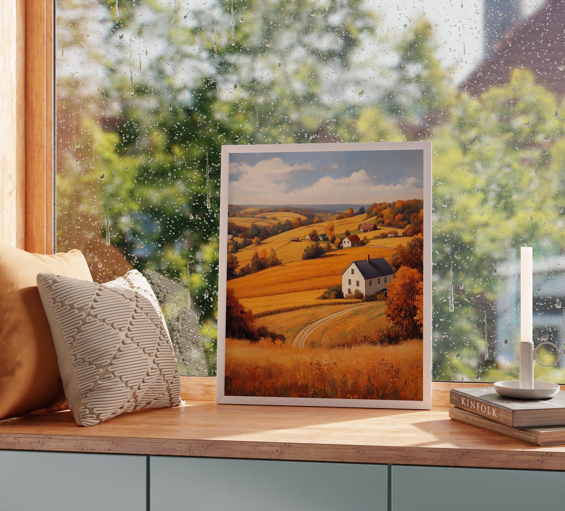 Rolling Golden Hills with White Farmhouse and Red Barns Poster - Image 2
