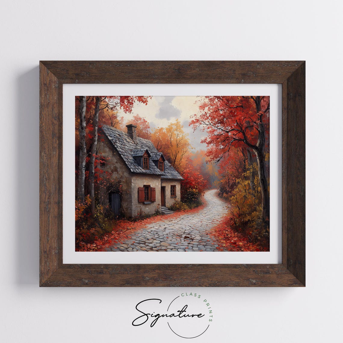Stone Cottage With Red Shutters On Leaf Strewn Cobblestone Lane Poster - Image 5