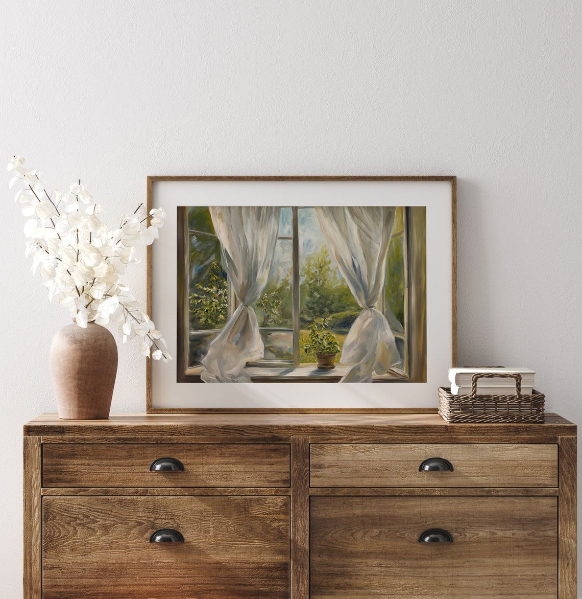 Sunlit Window Sheer Curtains Potted Plant Cozy Interior Poster - Image 3