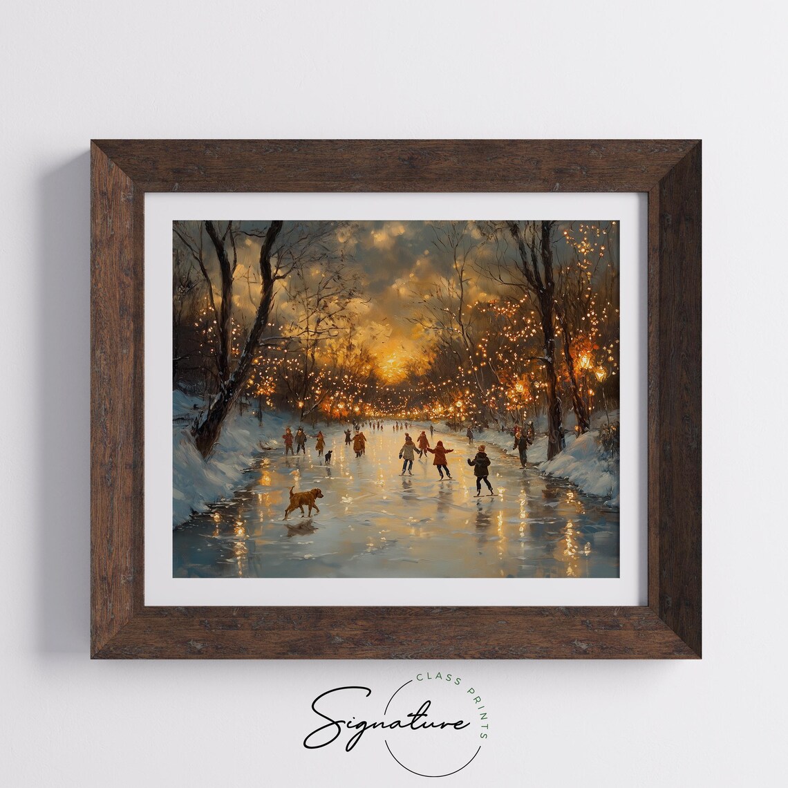 Kids Ice Skating at Golden Sunset on Outdoor Rink with Dogs Poster - Image 5