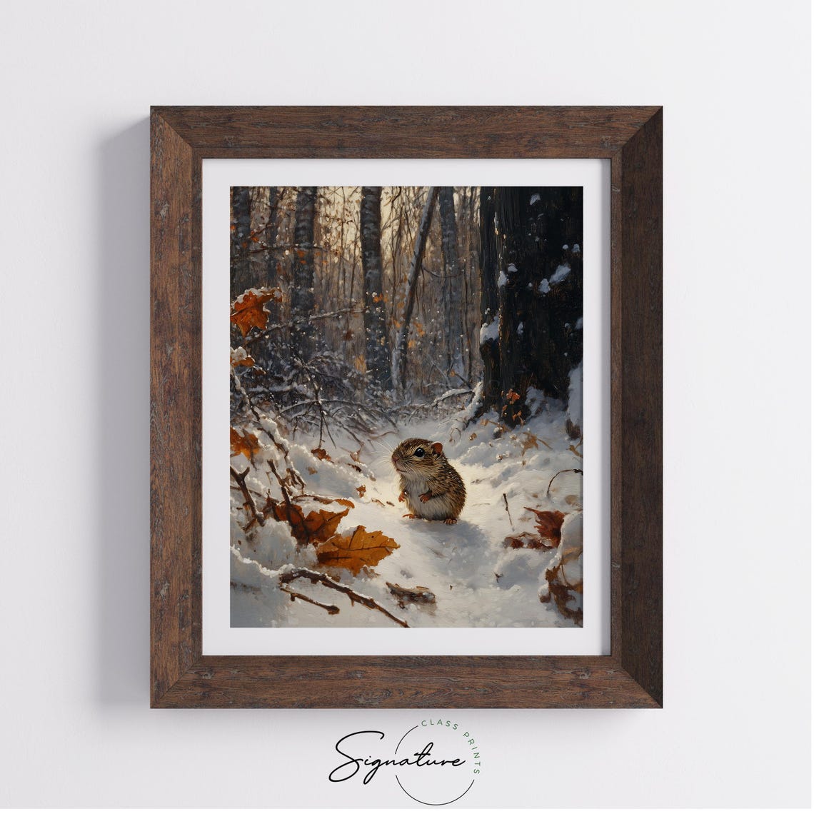 Tiny Woodland Rodent In Snowy Autumn Forest With Fallen Leaves Poster - Image 2