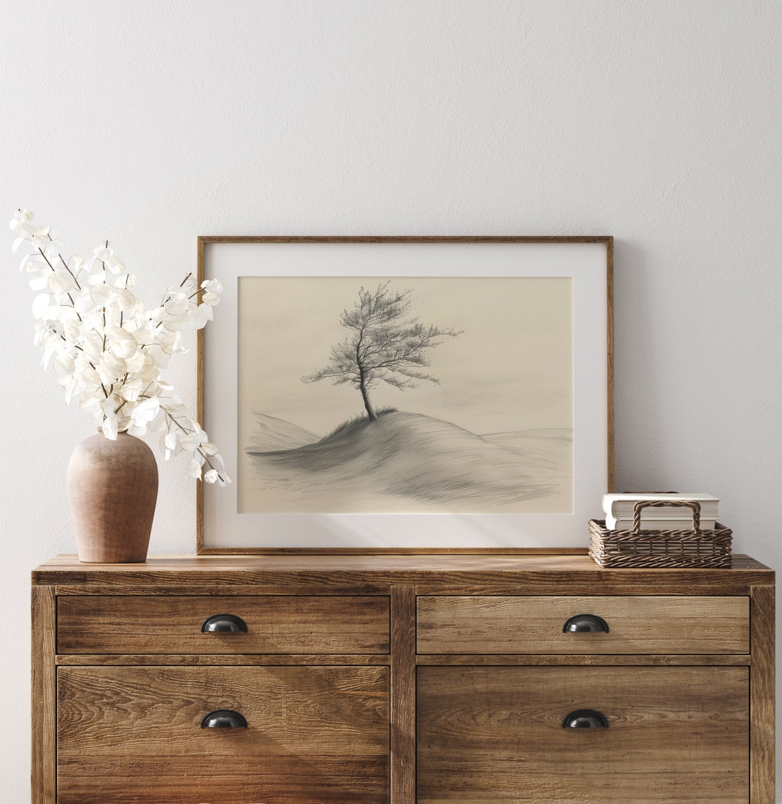 Solitary Tree Rolling Hillside Delicate Pencil Sketch Poster - Image 3