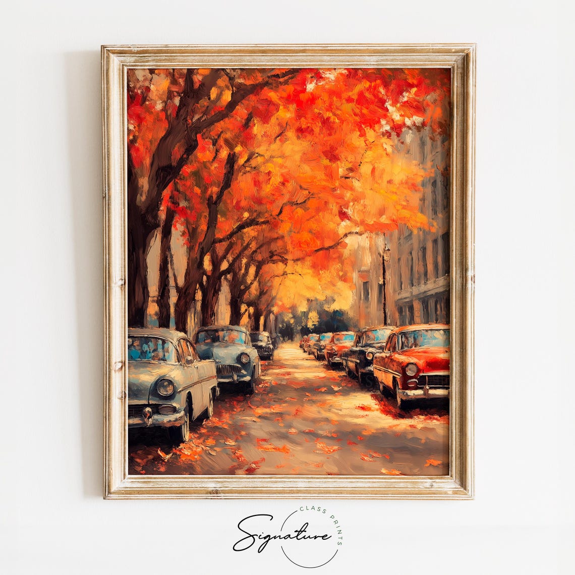 Vintage Classic Cars Lined Up on a Fall Street Under Red Maples Poster
