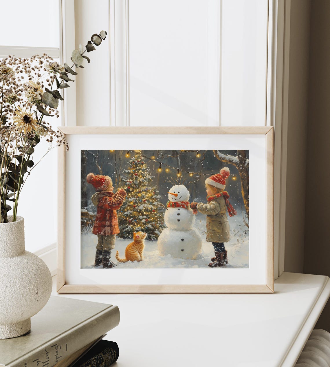 Children and Kitten With a Snowman by a Glowing Christmas Tree Poster - Image 6