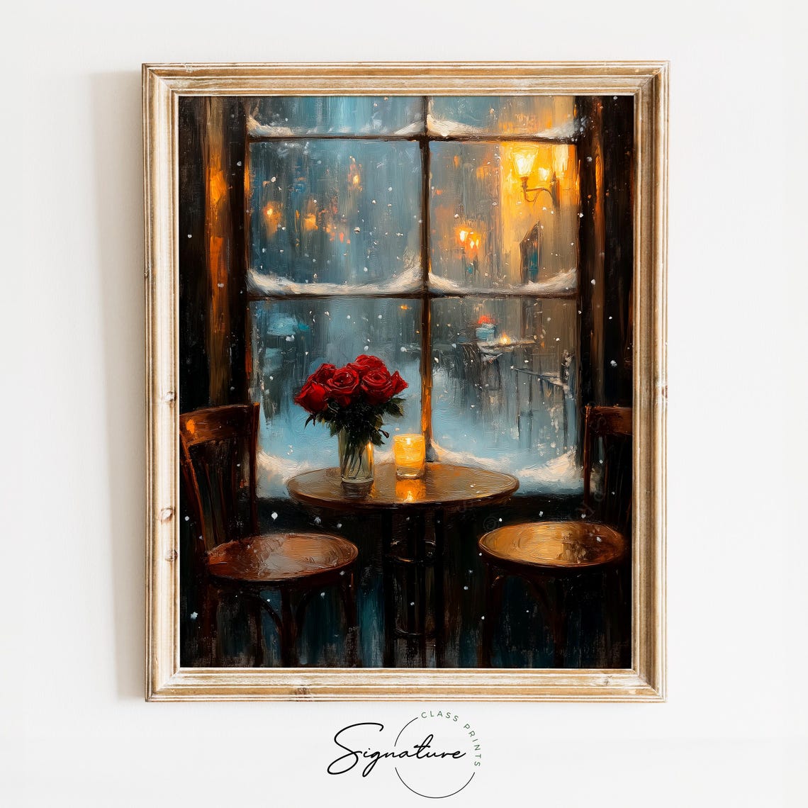Warm Cafe Window Candlelight Roses Snowy Night Romantic Painting Print
