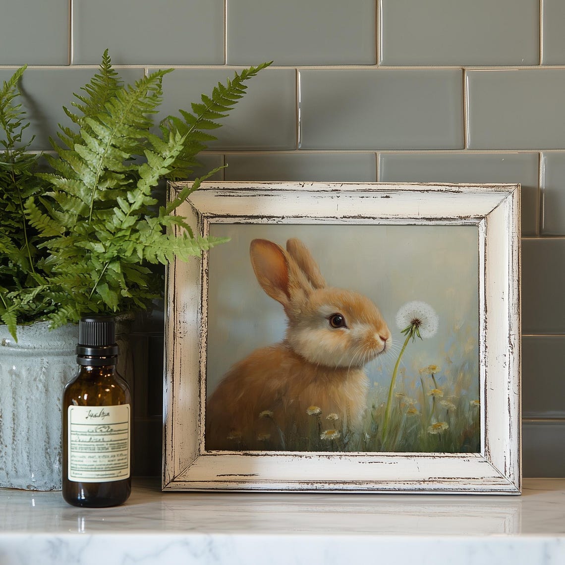 Baby Bunny Sniffing Dandelion Soft Meadow Spring Animal Art Poster - Image 4