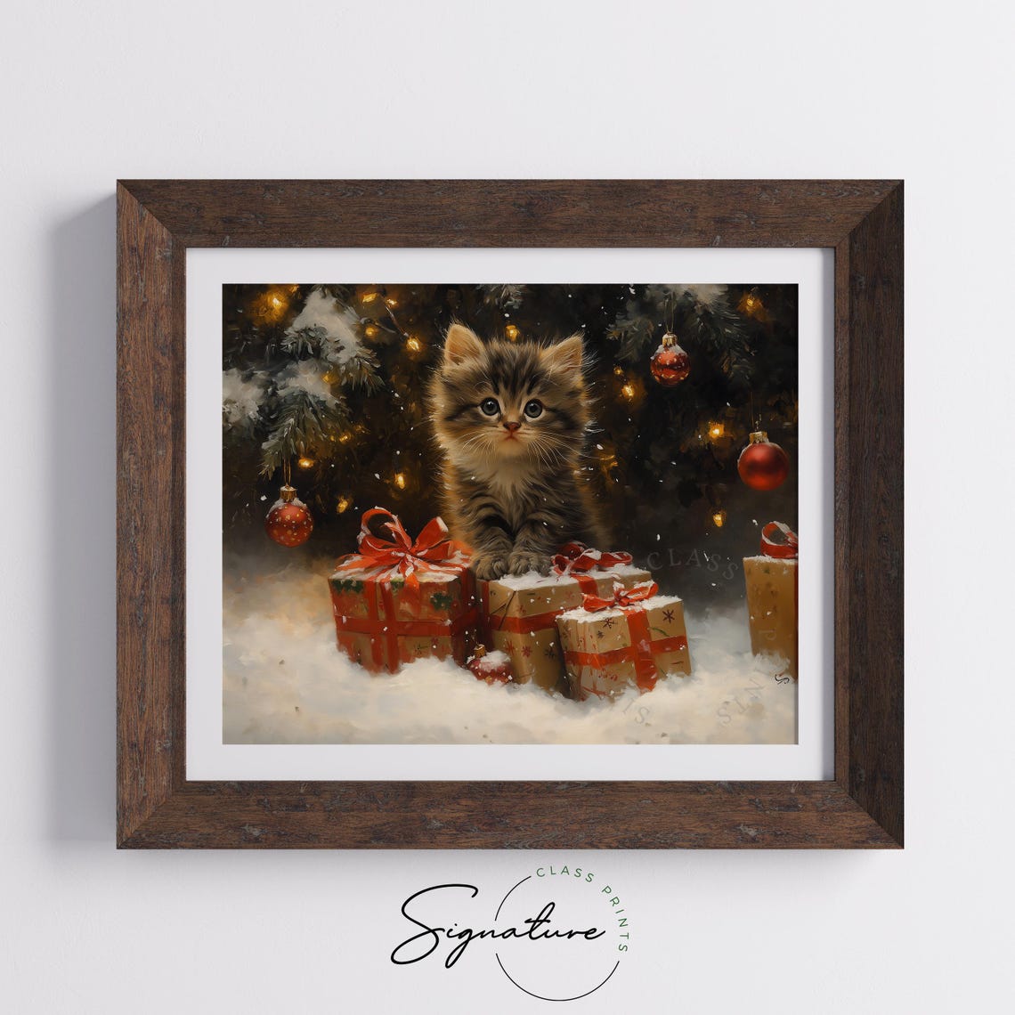 Fluffy Tabby Kitten Sitting With Christmas Gifts Under Tree Poster - Image 5