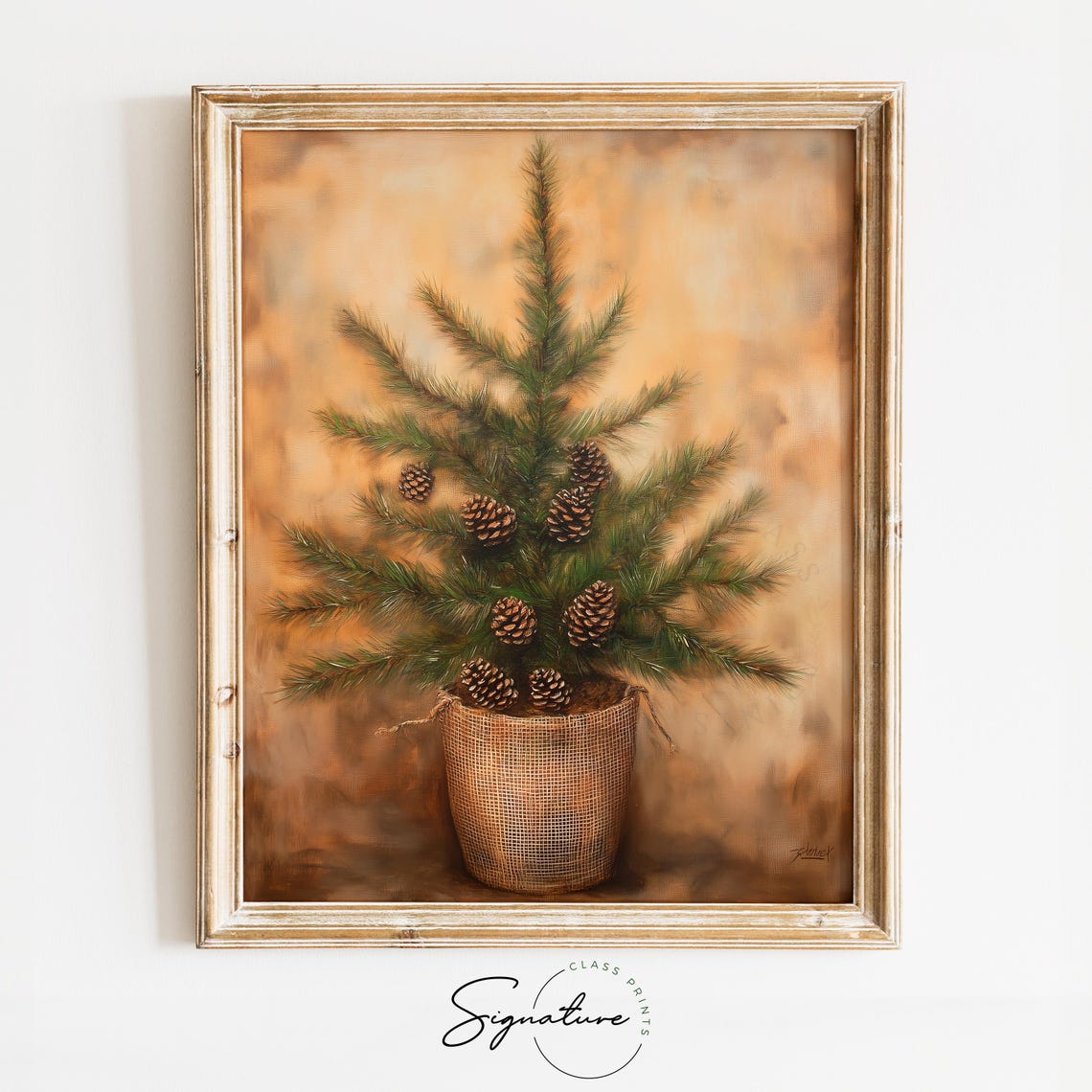 Potted Cedar Tree in Burlap Pot with Pinecones Vintage Style Poster