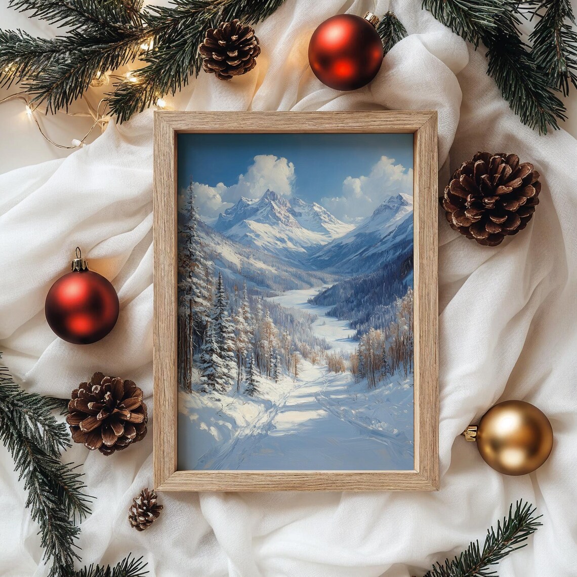 Snow Trail Winding Into A Remote Mountain Valley Oil Painting Style Poster - Image 4