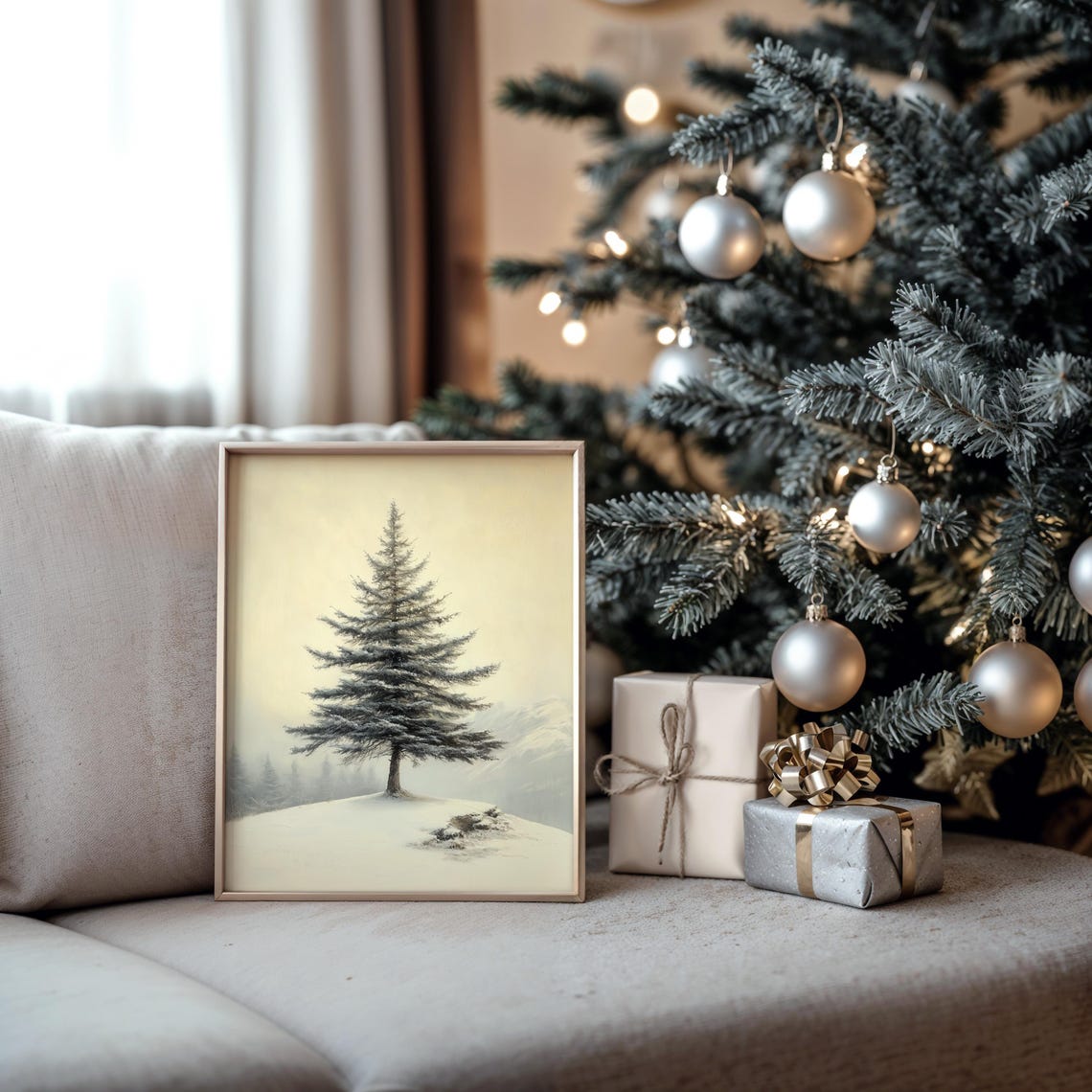Single Frosted Cedar Tree on Snowy Hill Minimalist Winter Poster - Image 5
