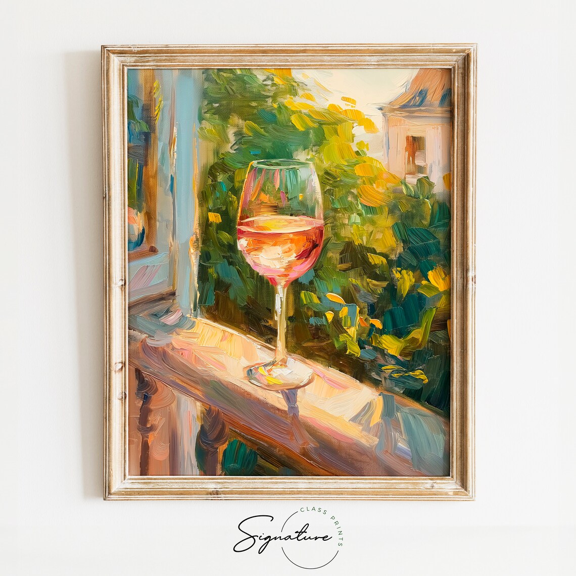 Glass Of Rose Wine On Balcony Sunlit Garden View Painting Poster