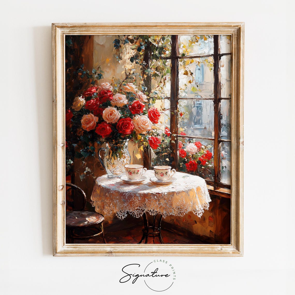 Cozy Corner Table Roses And Teacups Sunlit Window Vintage Wall Art