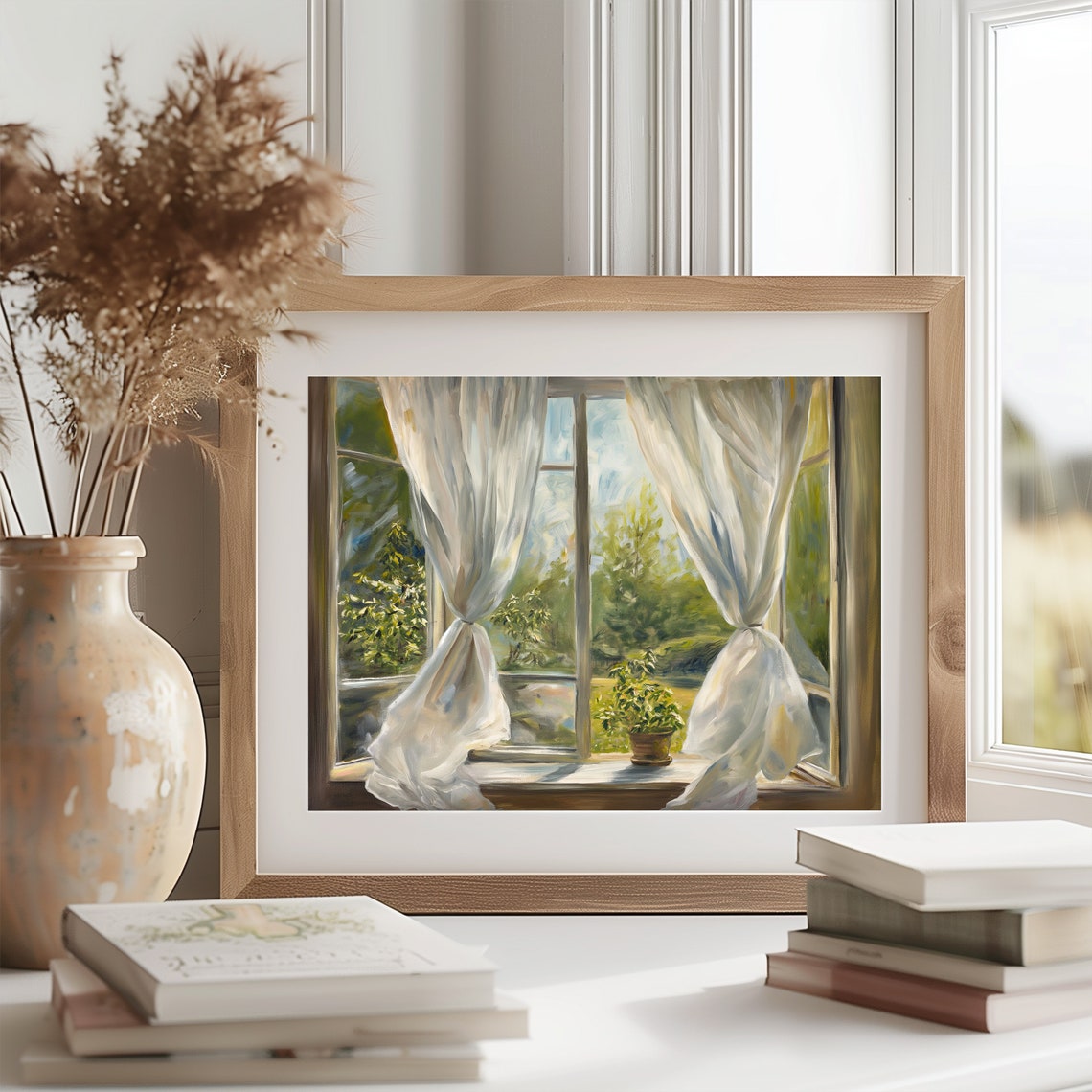 Sunlit Window Sheer Curtains Potted Plant Cozy Interior Poster - Image 2