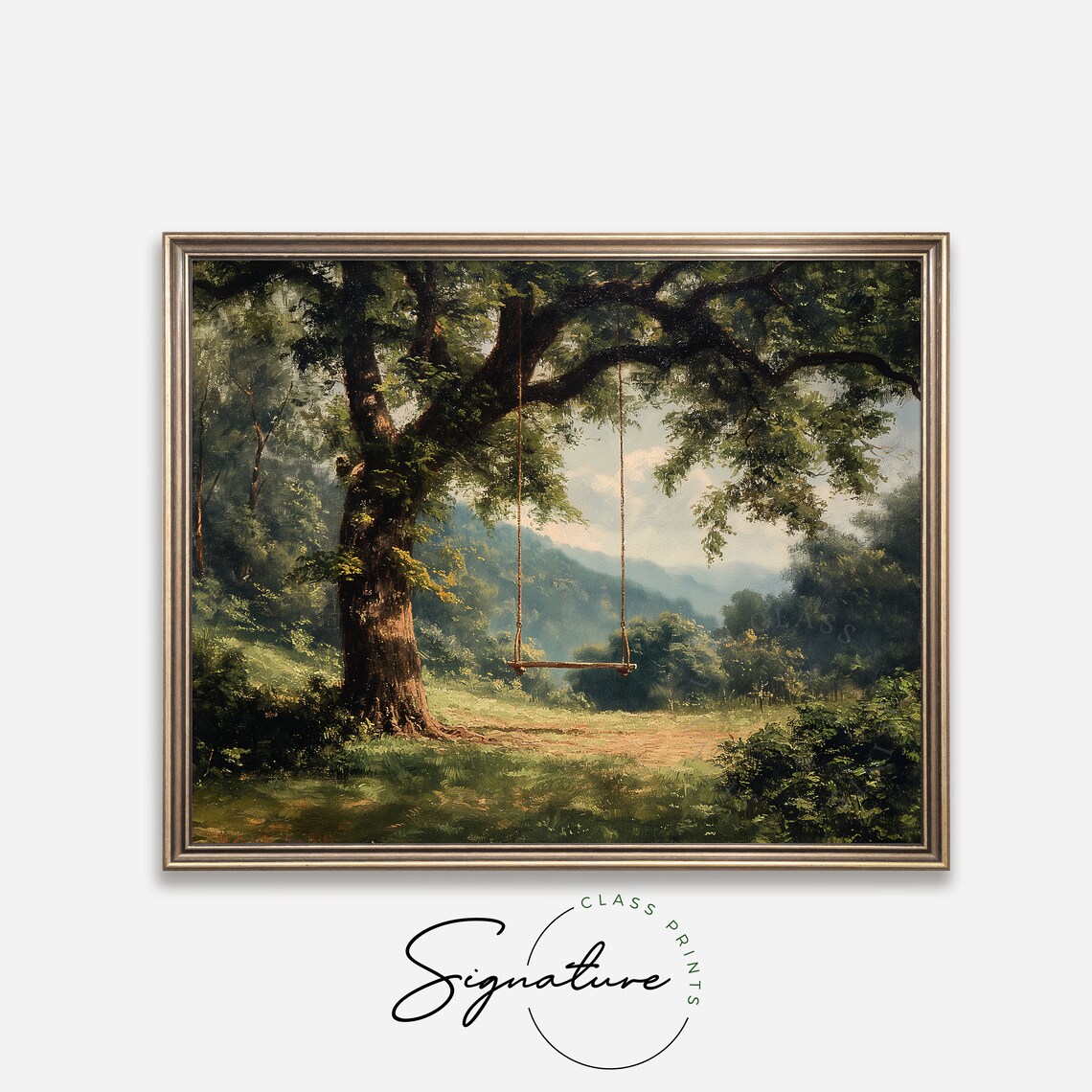 Wooden Tree Swing Overlooking Green Valley Vintage Landscape Oil Poster - Image 4