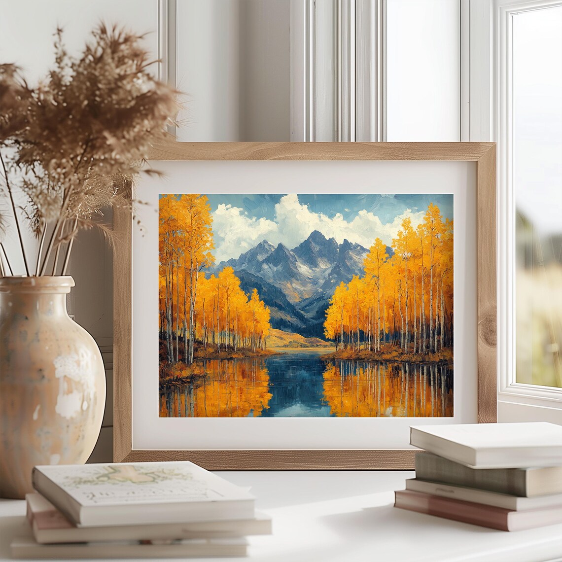 Golden Aspens Mirrored in Mountain Lake Under Snowy Peaks Poster - Image 2