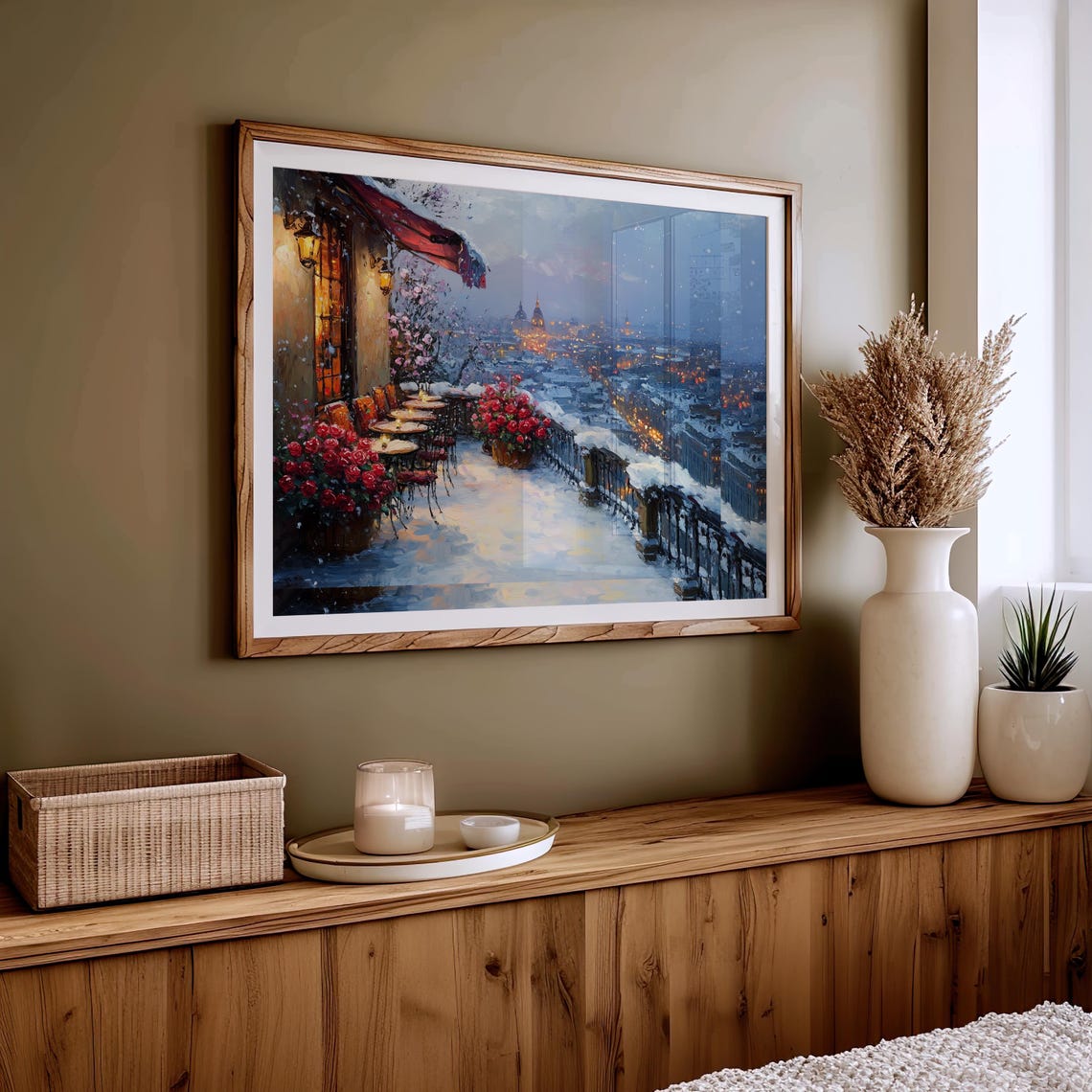 Rooftop Cafe In Winter Snowy Terrace Roses City Lights Wall Art - Image 5