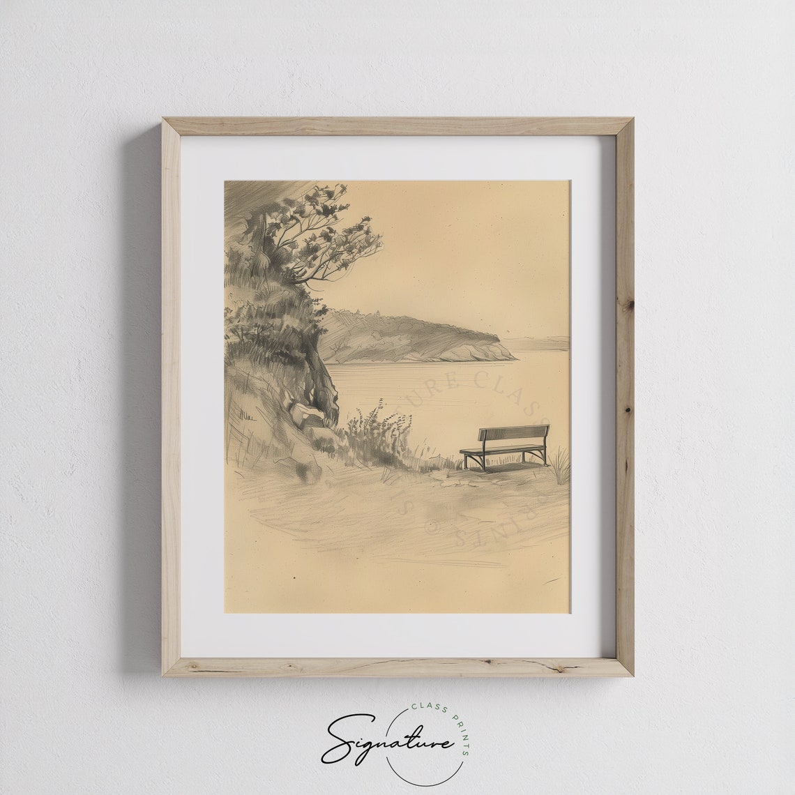Secluded Cove Overlook Bench Cliff Sepia Landscape Sketch Poster - Image 3