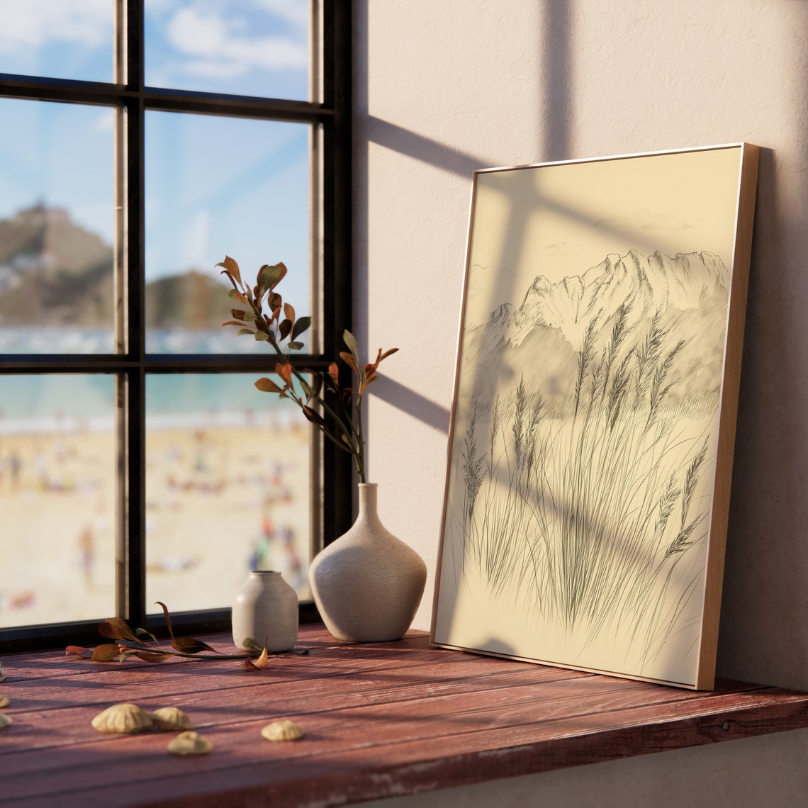 Wild Grasses Before Snow Capped Mountains Sepia Sketch Poster - Image 5