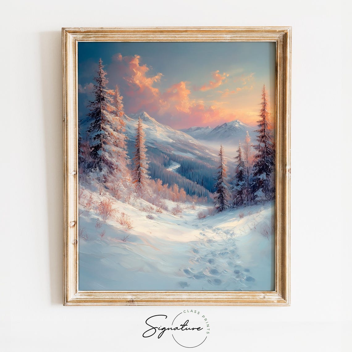 Peaceful Snowy Mountain Trail Footprints Sunset Landscape Poster