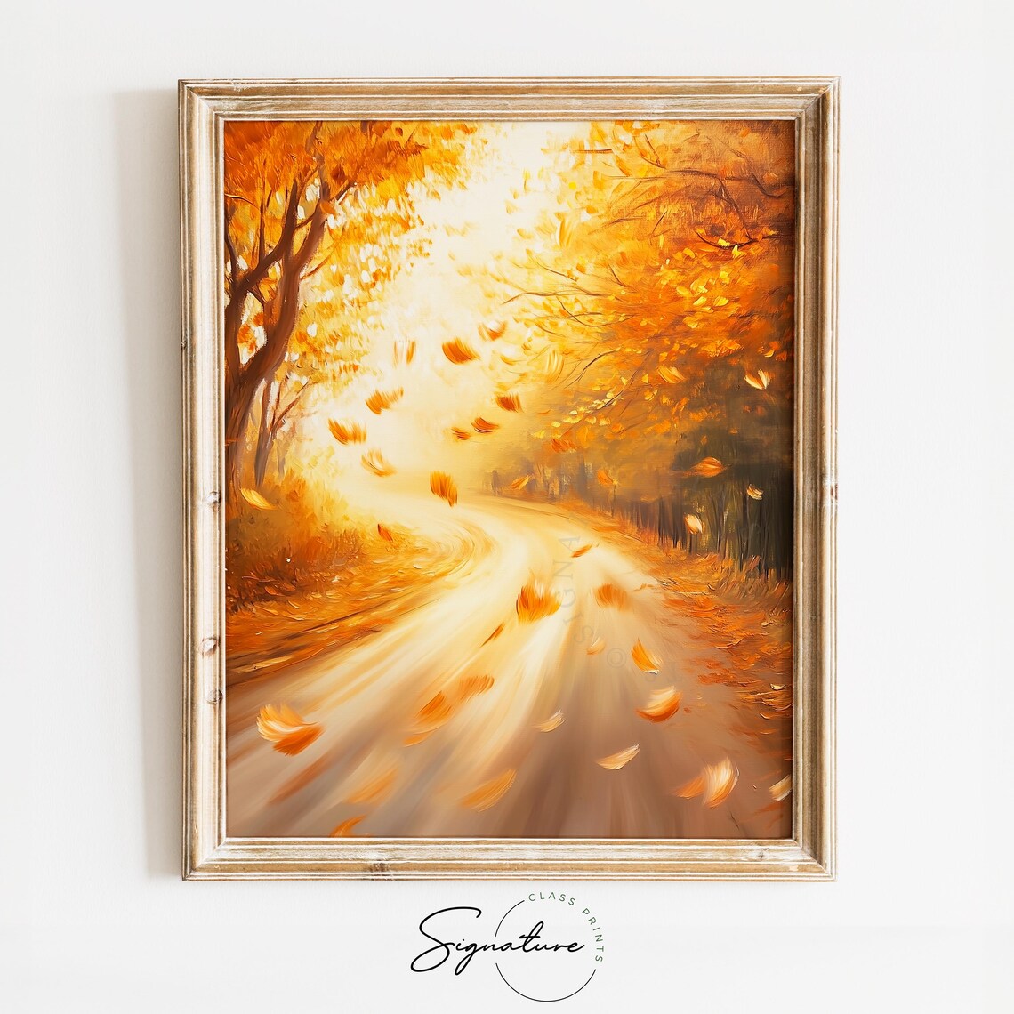 Windy Autumn Road With Swirling Golden Leaves Fall Scene Poster