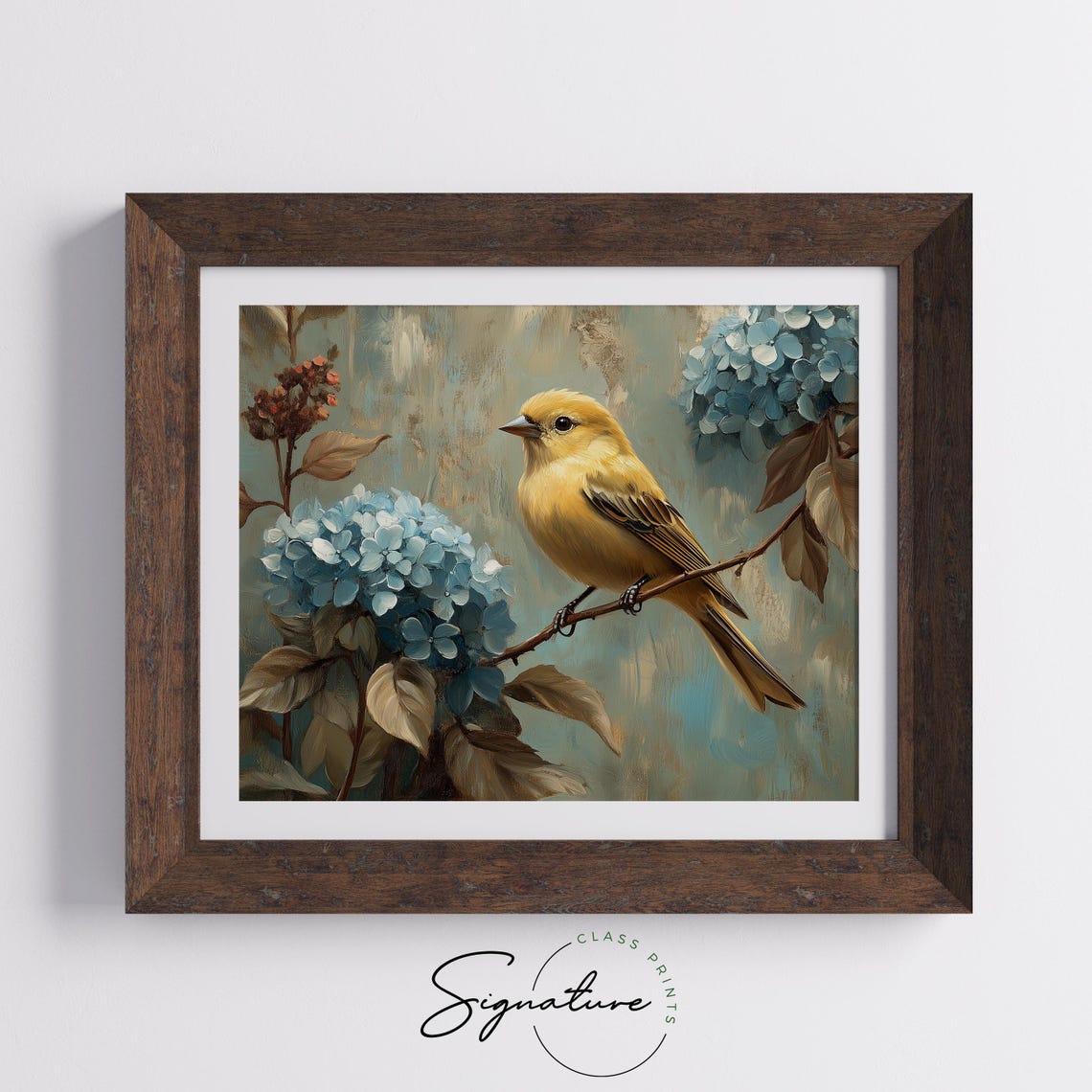 Goldfinch Perched Among Blue Hydrangeas Summer Bird Wall Art - Image 3