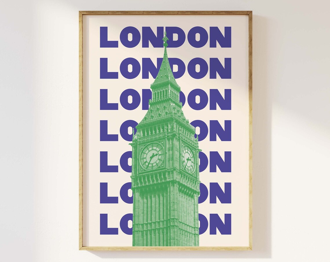 London Big Ben Clock Tower Poster with Green Tower Blue Typography