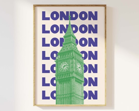London Travel Print Art Blue Green London England Big Ben Travel Exhibition Print Cute Trendy Wall Art