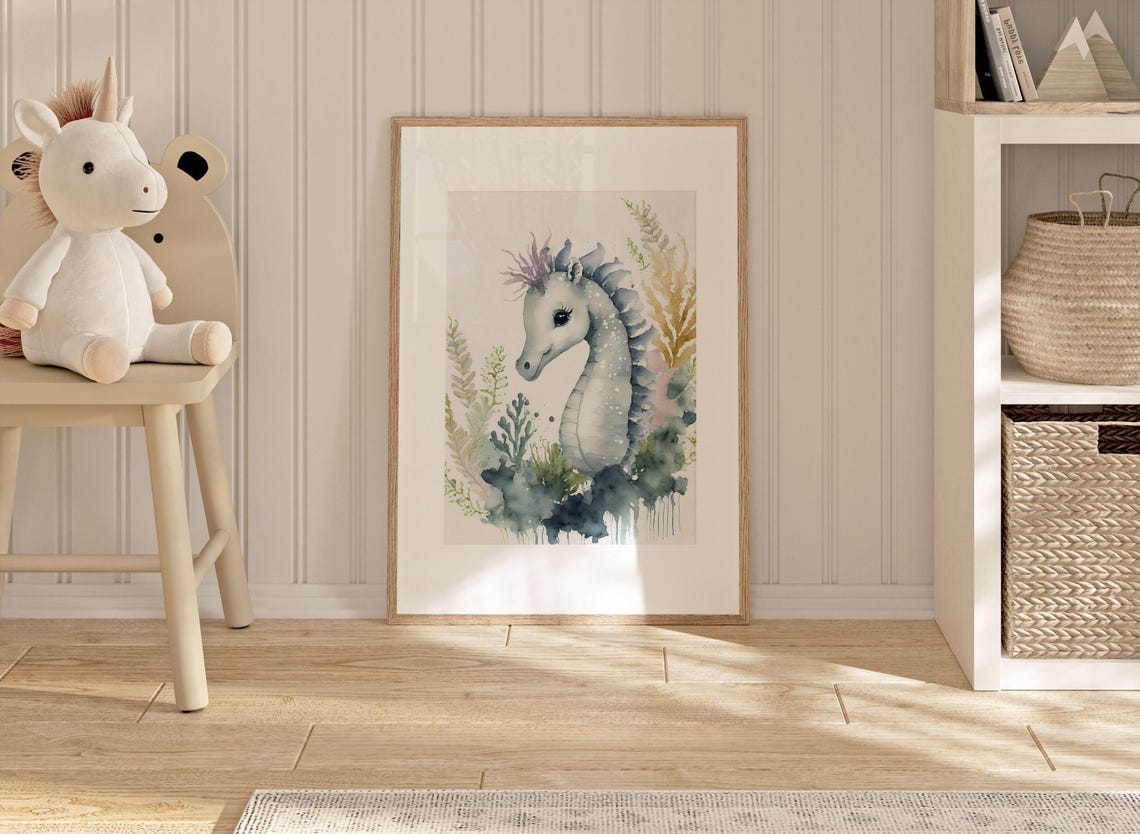 Nursery Wall Art Print Watercolor Animal Portrait Illustration Kids Room Poster Baby Shower Gift Cute Sea Horse Painting With Flowers - Image 2