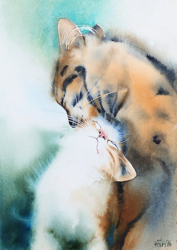 Two Cats Cuddling A Tender Orange Tabby Hug Watercolor Cat Art Poster