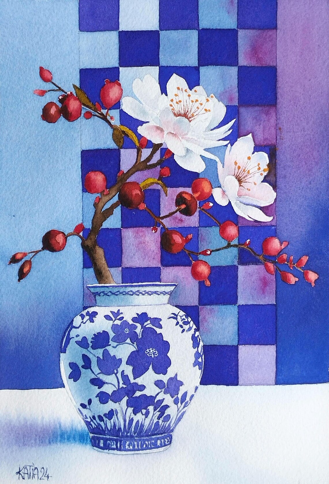 White Blossoms and Red Berries in Porcelain Vase Watercolor Poster